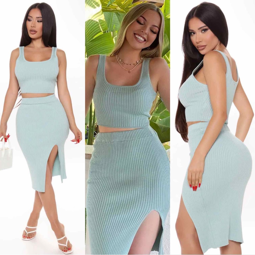 💥 SALE | NEW Light Blue Ribbed Sweater Skirt Set with Cropped Tank & Midi Skirt